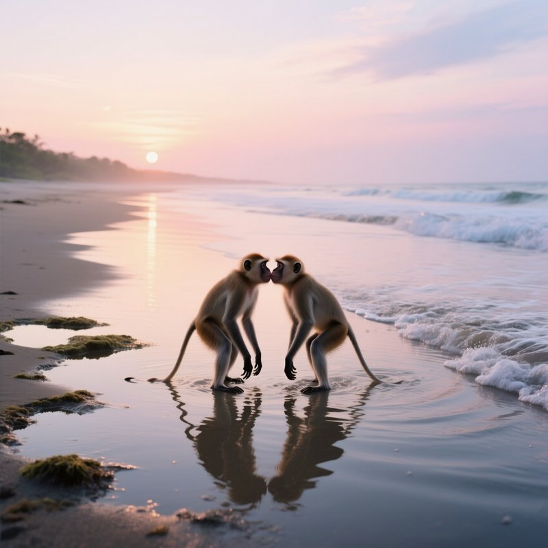 A Serene Sunrise On A Quiet Beach With Tide Pools, Two Proboscis Monkeys Wade Shallow Water