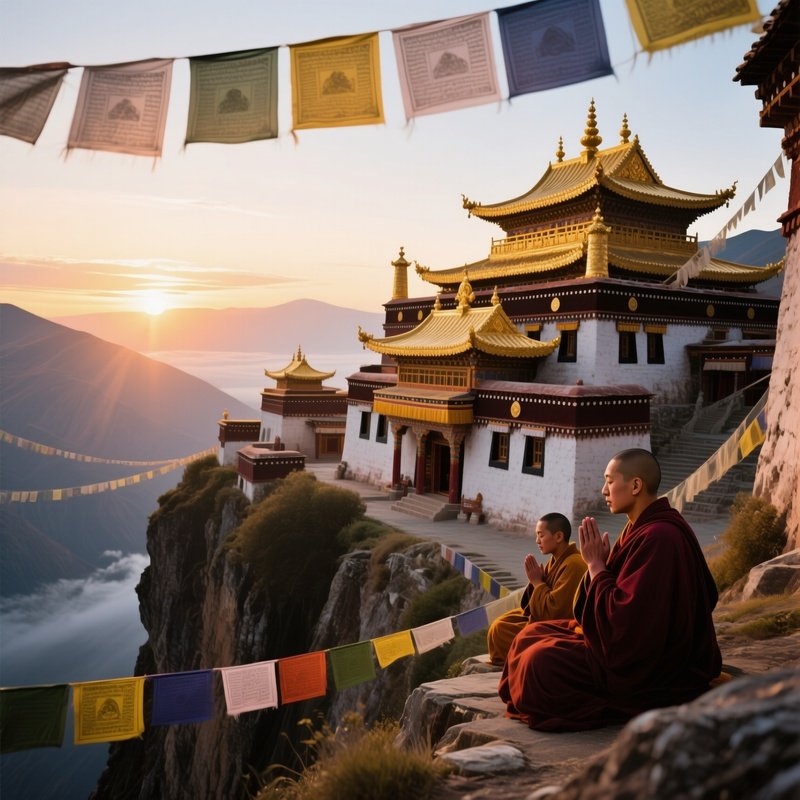 A Serene Sunrise Over A Buddhist Monastery Perched On A Cliff In Tibet, Prayer Flags Fluttering In