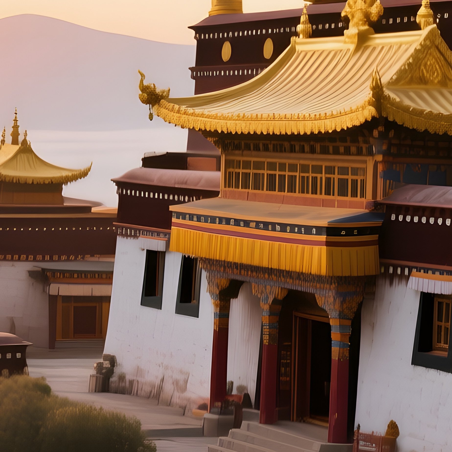 A Serene Sunrise Over A Buddhist Monastery Perched On A Cliff In Tibet, Prayer Flags Fluttering In - Full Resolution Quality Preview