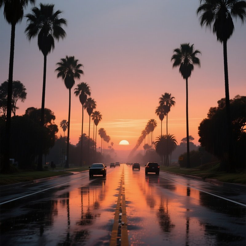 A Serene Sunrise Over A Californian Palm‑Lined Highway, Early Commuters’ Silhouettes, Soft Orange
