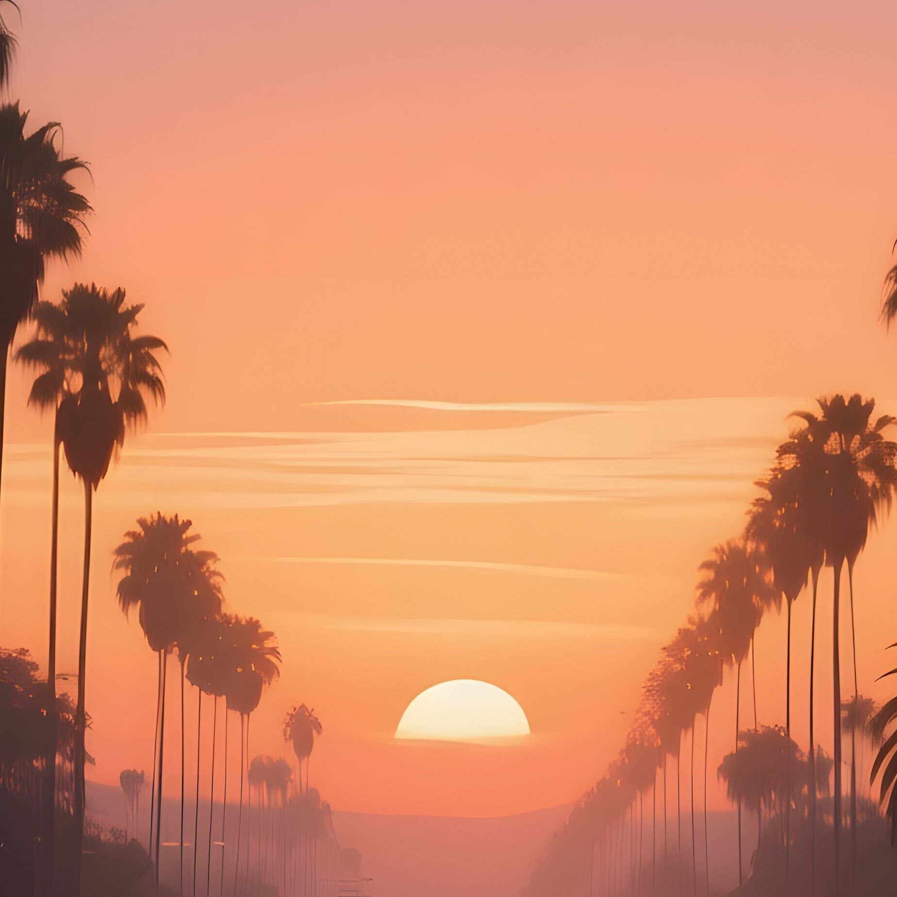 A Serene Sunrise Over A Californian Palm‑Lined Highway, Early Commuters’ Silhouettes, Soft Orange - Full Resolution Quality Preview