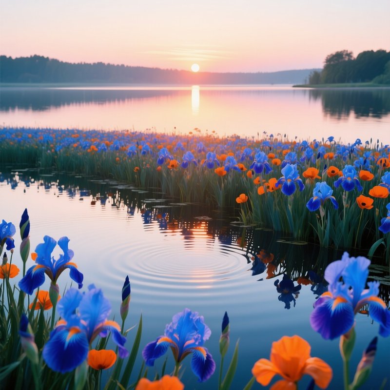 A Serene Sunrise Over A Calm Lake Reflecting A Field Of Pop‑Art Irises In Electric Blue And Orange,