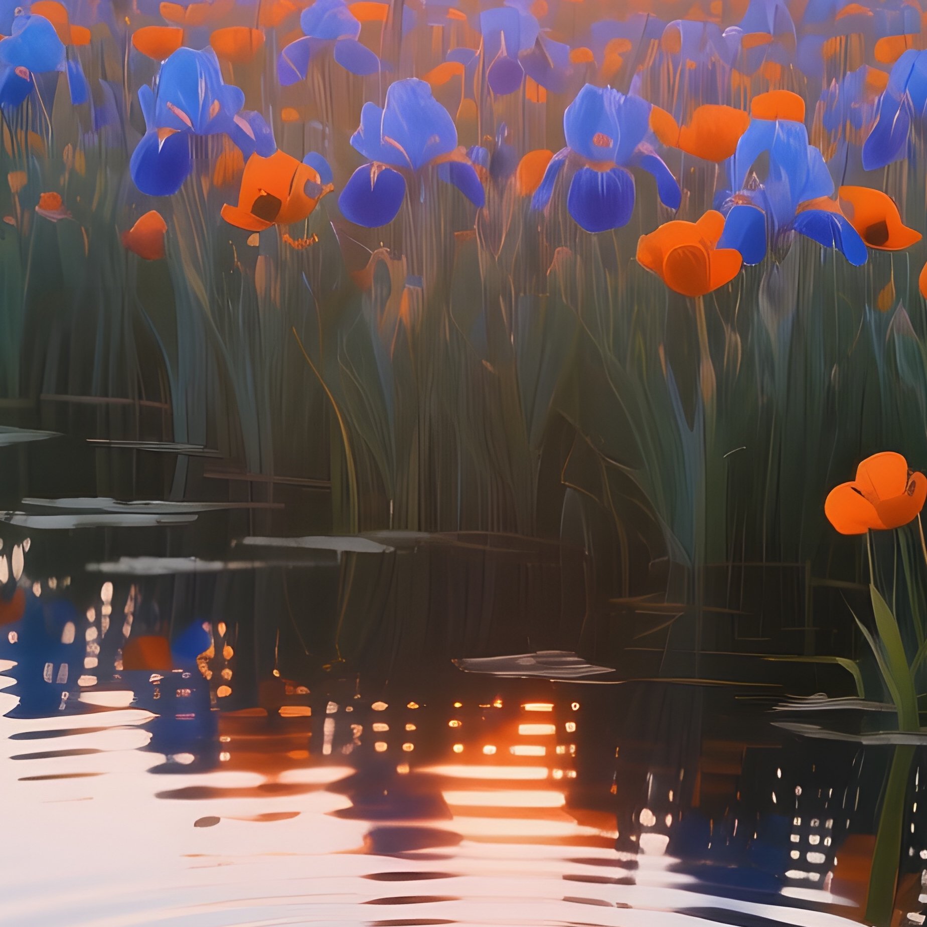 A Serene Sunrise Over A Calm Lake Reflecting A Field Of Pop‑Art Irises In Electric Blue And Orange, - Full Resolution Quality Preview