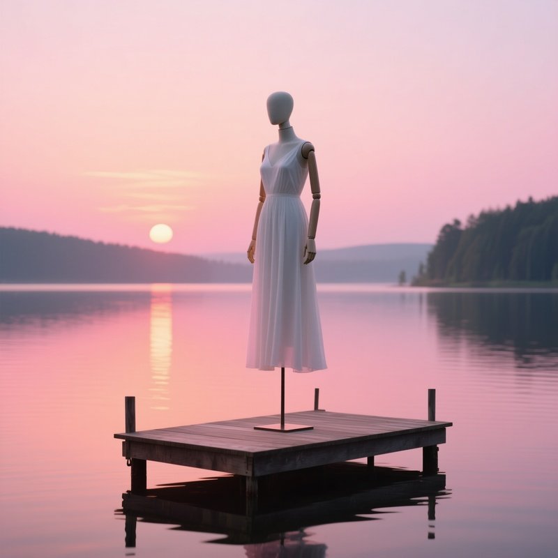 A Serene Sunrise Over A Calm Lake, Where A Minimalist Wooden Dock Holds A Single Mannequin Wearing