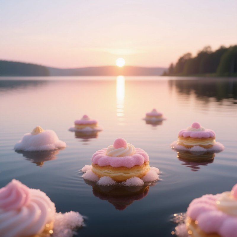 A Serene Sunrise Over A Calm Lake Where Floating Sugar Islands Shaped Like Delicate Pastries Drift,