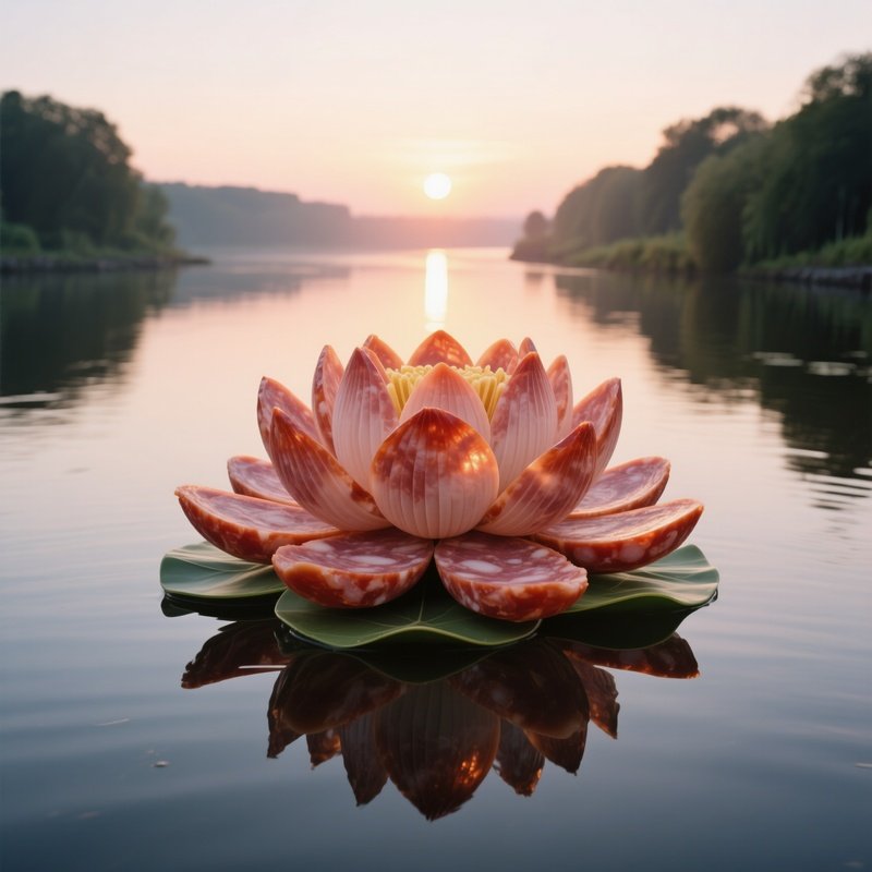 A Serene Sunrise Over A Calm River, Reflecting A Floating Art Installation Of A Lotus Flower