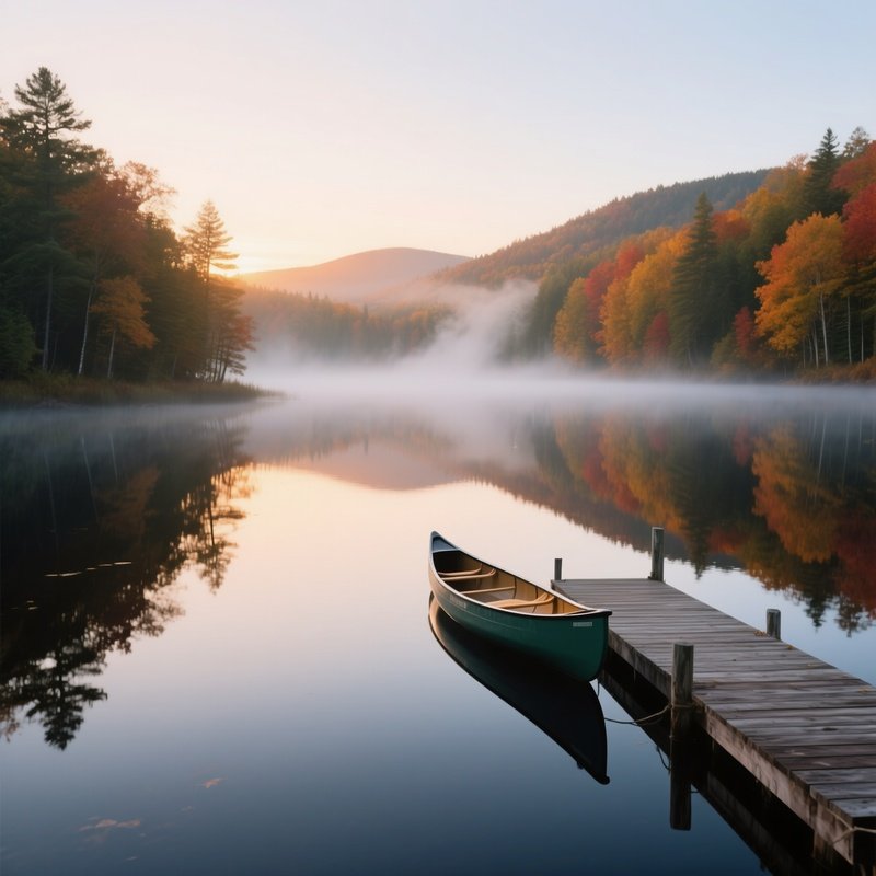 A Serene Sunrise Over A Glassy Pond In The Adirondacks, Mist Rising, Autumn Foliage Reflected, Lone