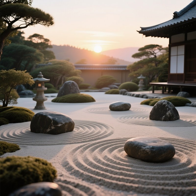A Serene Sunrise Over A Japanese Zen Garden, Raked Sand Patterns Catching The First Light, Smooth