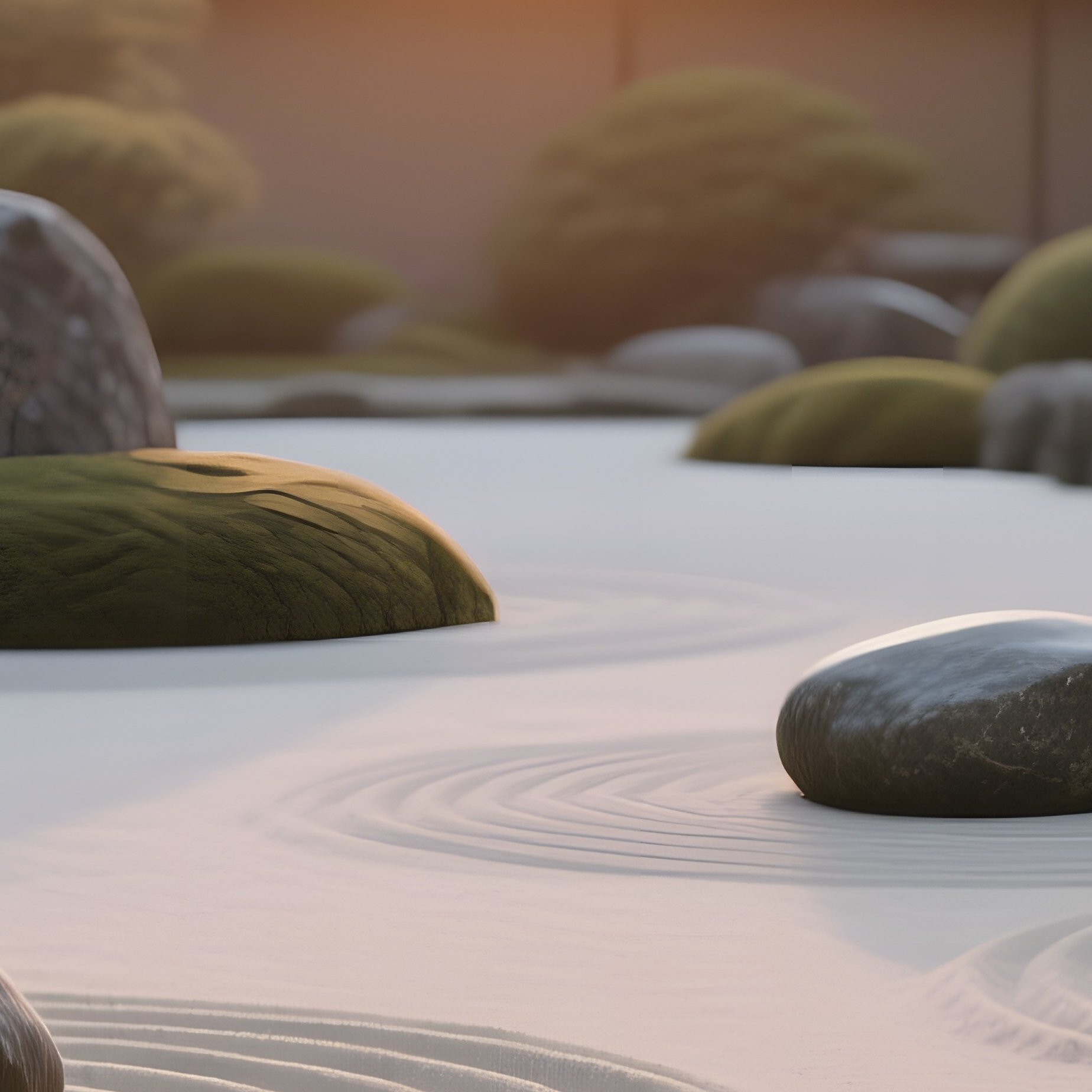 A Serene Sunrise Over A Japanese Zen Garden, Raked Sand Patterns Catching The First Light, Smooth - Full Resolution Quality Preview