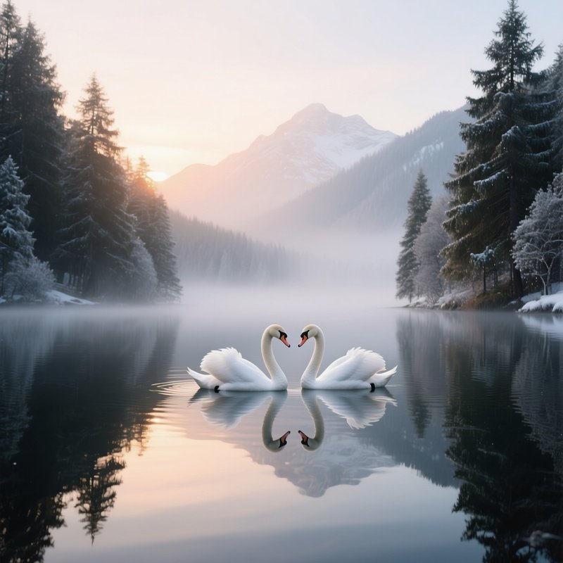 A Serene Sunrise Over A Misty Alpine Lake Where A Pair Of Elegant White Swans Glide Gracefully,