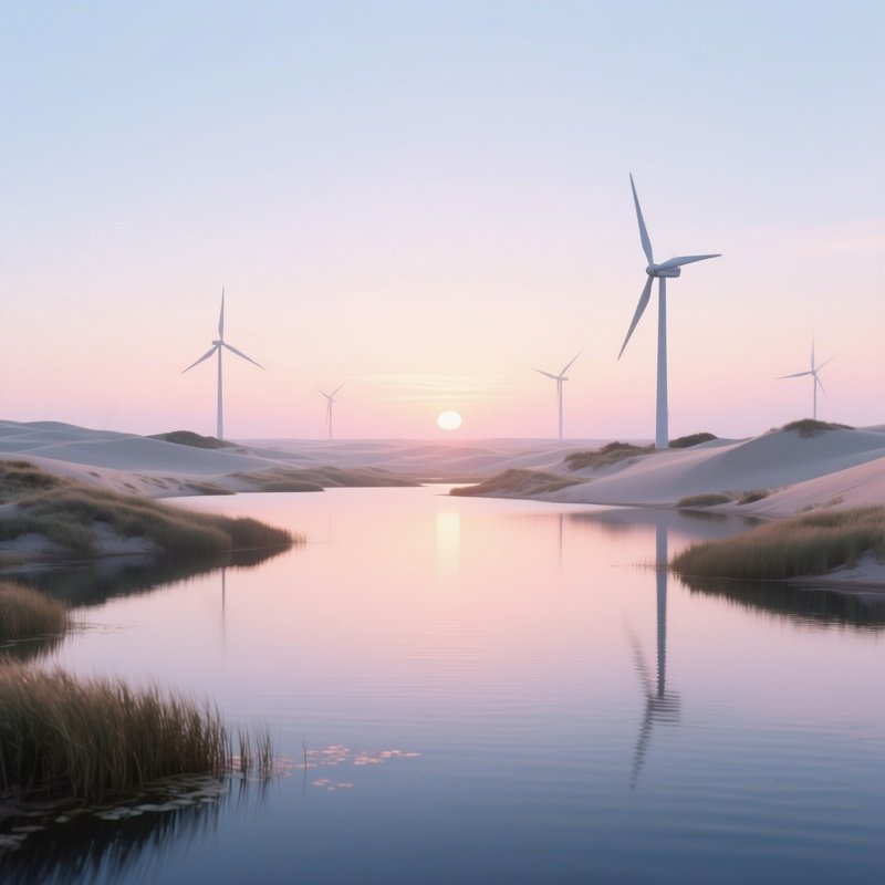 A Serene Sunrise Over A Quiet Lagoon Surrounded By Dunes, Wind Turbines Turning Slowly On The