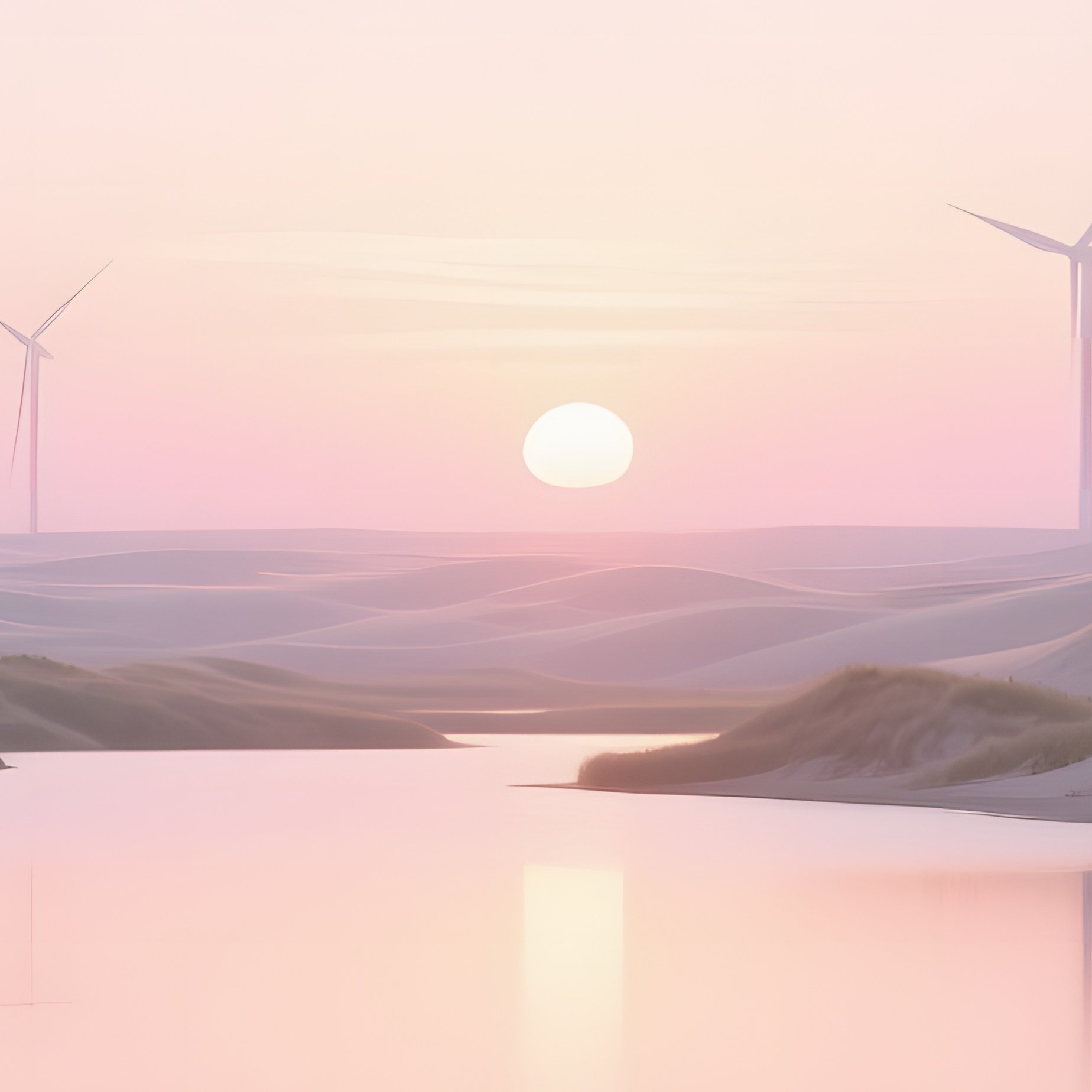A Serene Sunrise Over A Quiet Lagoon Surrounded By Dunes, Wind Turbines Turning Slowly On The - Full Resolution Quality Preview