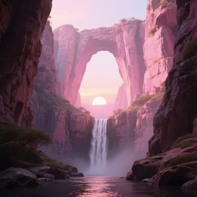A Serene Sunrise Over A Waterfall Hidden Within A Canyon Of Towering Limestone Arches, Soft Pink