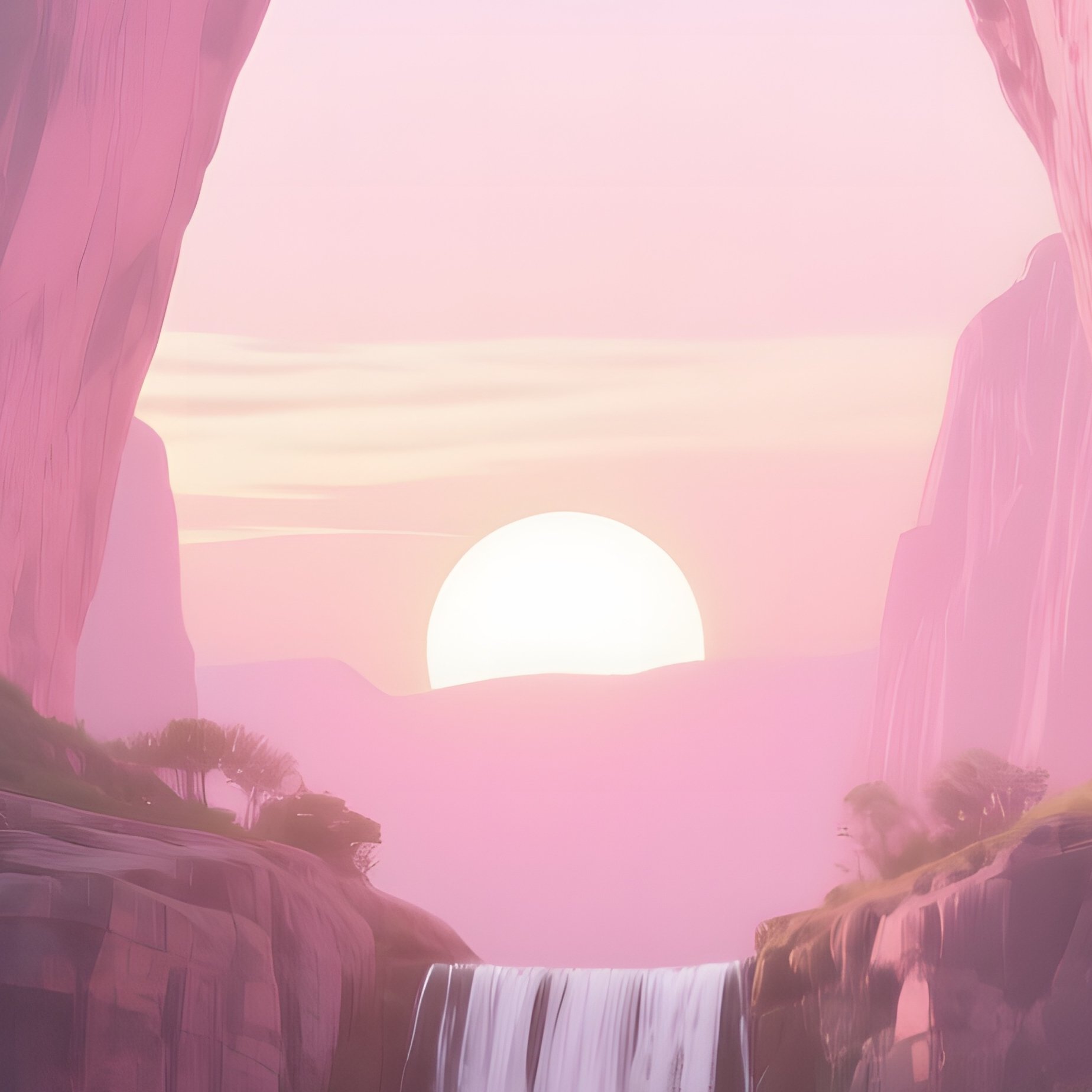 A Serene Sunrise Over A Waterfall Hidden Within A Canyon Of Towering Limestone Arches, Soft Pink - Full Resolution Quality Preview