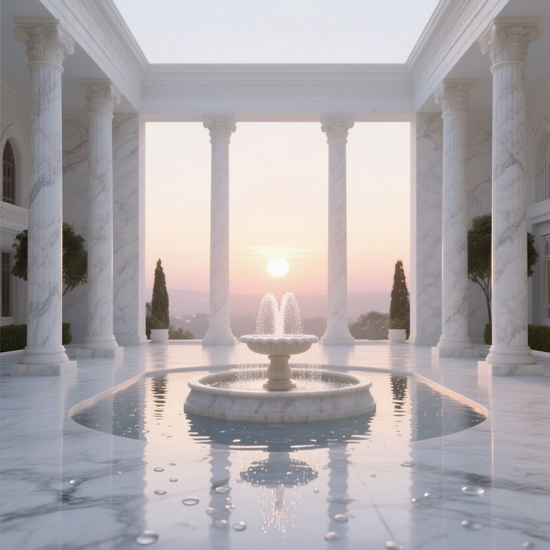 A Serene Sunrise Over A White Marble Courtyard With Symmetrical Columns And A Central Fountain,