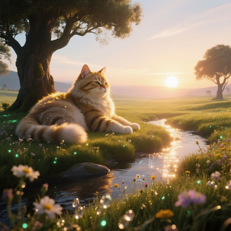 A Serene Sunrise Over An Endless Meadow Of Bioluminescent Grass On The Cat Planet, Where Giant,