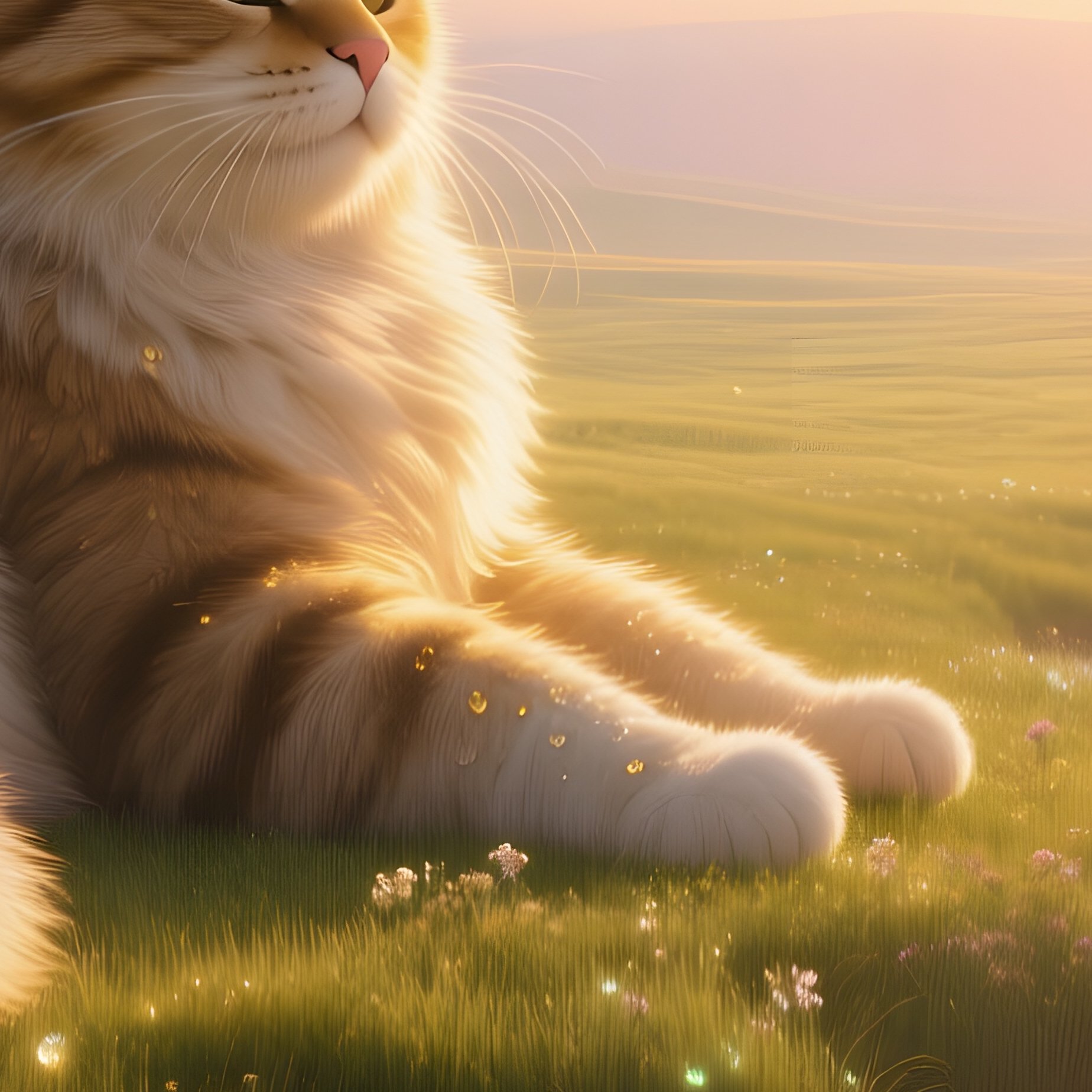 A Serene Sunrise Over An Endless Meadow Of Bioluminescent Grass On The Cat Planet, Where Giant, - Full Resolution Quality Preview