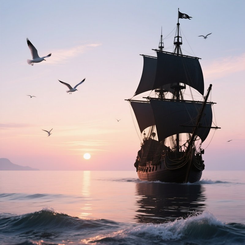 A Serene Sunrise Over Calm Waters With A Lone Pirate Ship Silhouetted Against Pastel Skies, Gulls