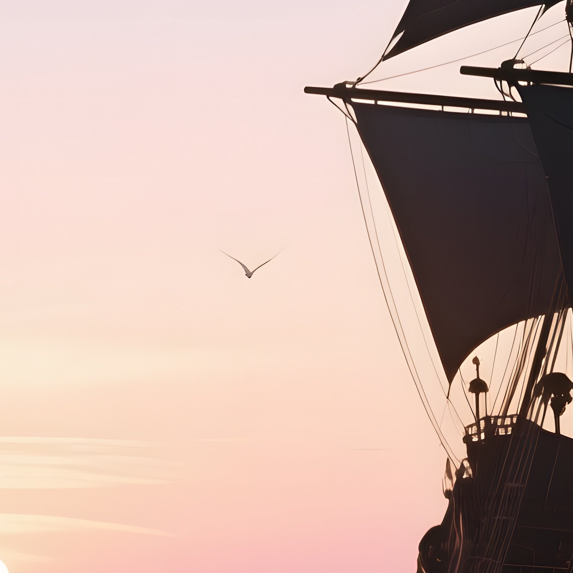 A Serene Sunrise Over Calm Waters With A Lone Pirate Ship Silhouetted Against Pastel Skies, Gulls - Full Resolution Quality Preview