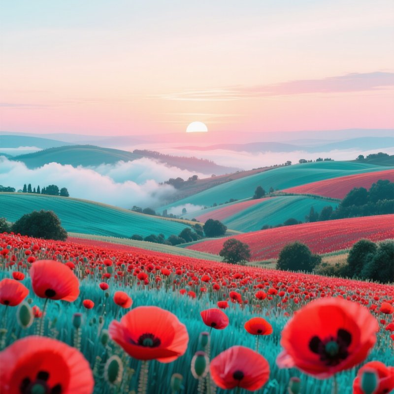A Serene Sunrise Over Rolling Hills Dotted With Fields Of Pop‑Art Poppies In Bold Red And