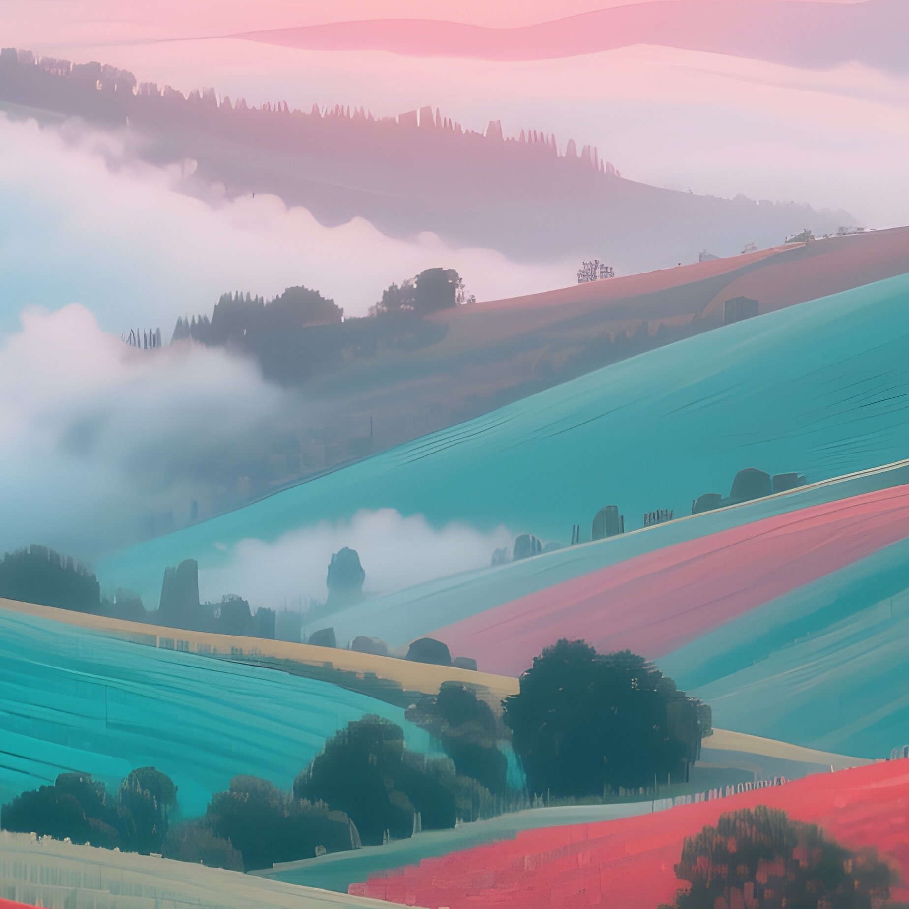 A Serene Sunrise Over Rolling Hills Dotted With Fields Of Pop‑Art Poppies In Bold Red And - Full Resolution Quality Preview