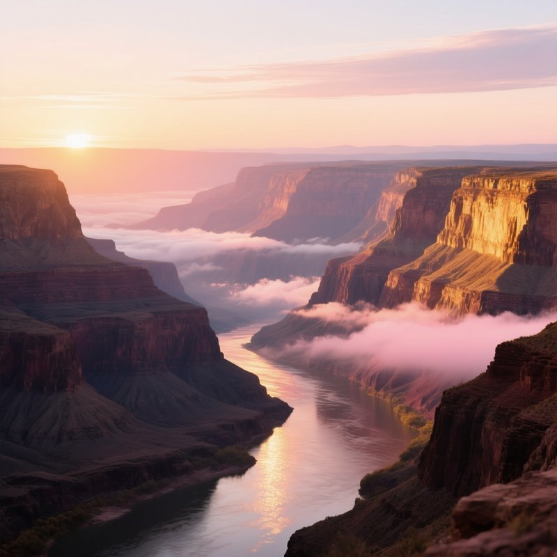 A Serene Sunrise Over The Grand Canyon, Layered Cliffs Illuminated In Gold And Rose, Colorado River