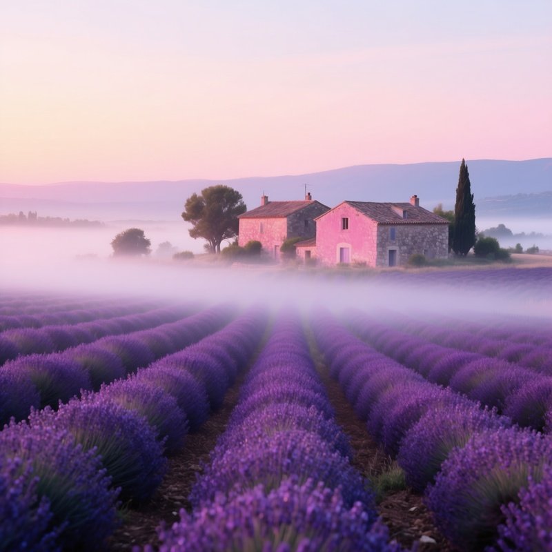 A Serene Sunrise Over The Lavender Fields Of Provence, Mist Lifting To Reveal Rows Of Violet