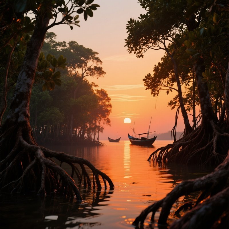 A Serene Sunset Over A Mangrove Forest, Roots Tangled In Shallow Water, Orange Light Filtering
