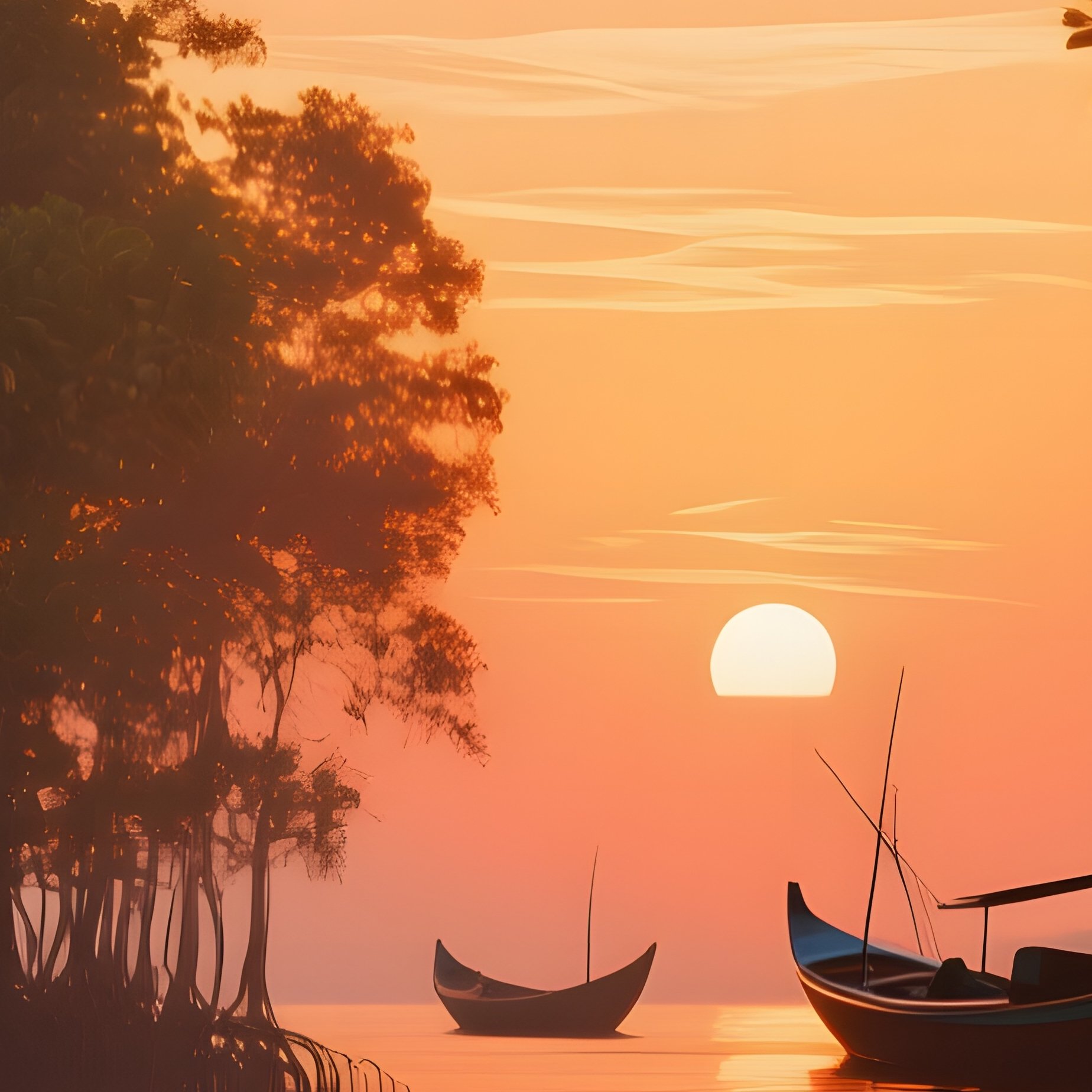 A Serene Sunset Over A Mangrove Forest, Roots Tangled In Shallow Water, Orange Light Filtering - Full Resolution Quality Preview