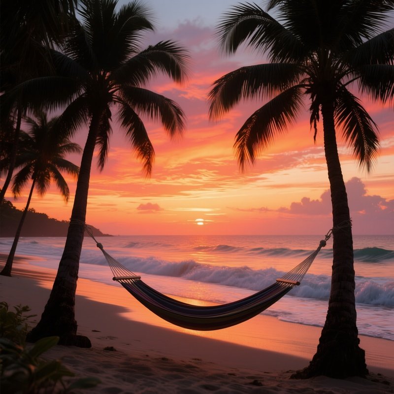 A Serene Tropical Beach At Sunset, Palm Trees Silhouetted Against Flaming Sky, Gentle Surf Kissing