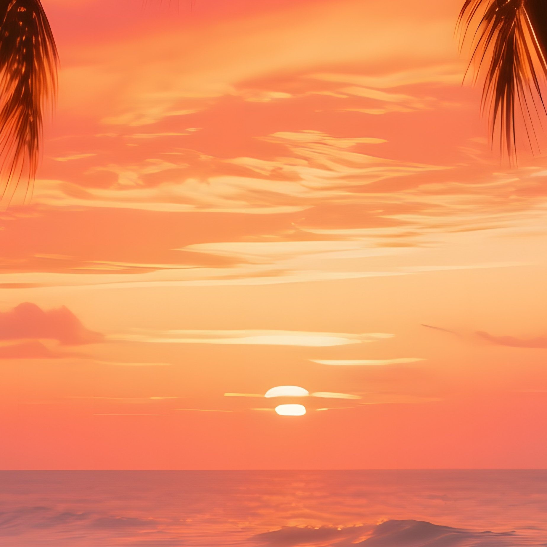 A Serene Tropical Beach At Sunset, Palm Trees Silhouetted Against Flaming Sky, Gentle Surf Kissing - Full Resolution Quality Preview