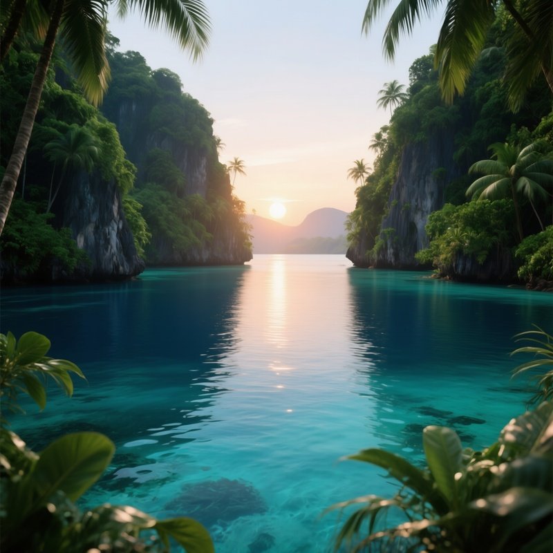 A Serene Tropical Lagoon At Sunrise, Water Turning From Deep Indigo To Turquoise As The Sun Lifts,