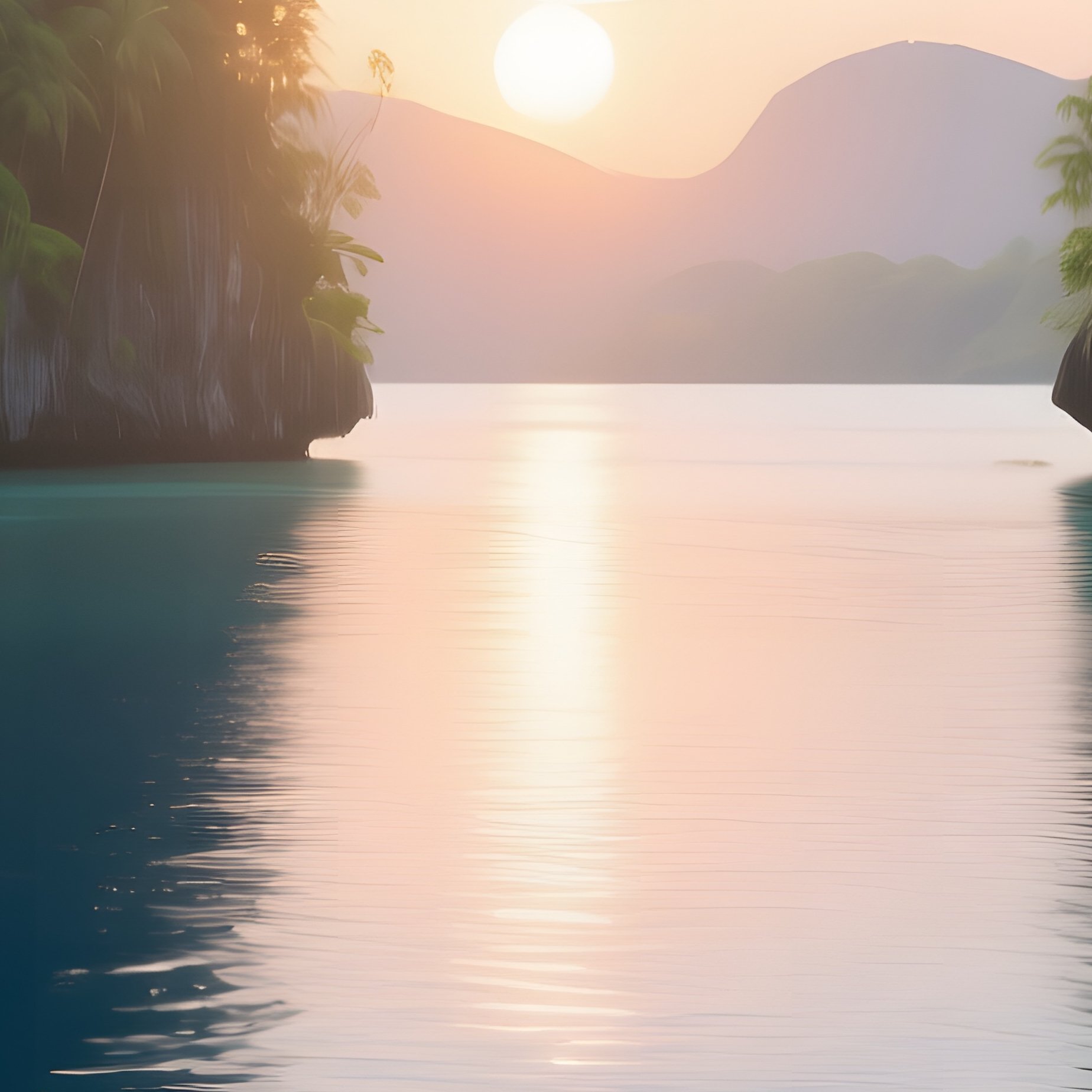 A Serene Tropical Lagoon At Sunrise, Water Turning From Deep Indigo To Turquoise As The Sun Lifts, - Full Resolution Quality Preview