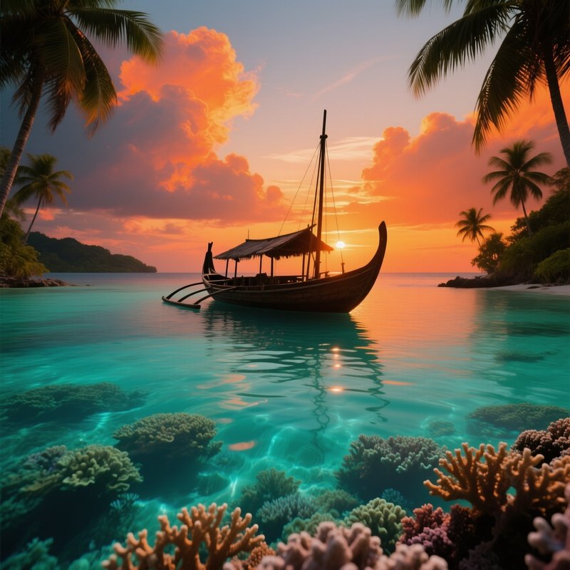 A Serene Tropical Lagoon At Sunset, Turquoise Water Lapping Against A Coral Reef, A Traditional