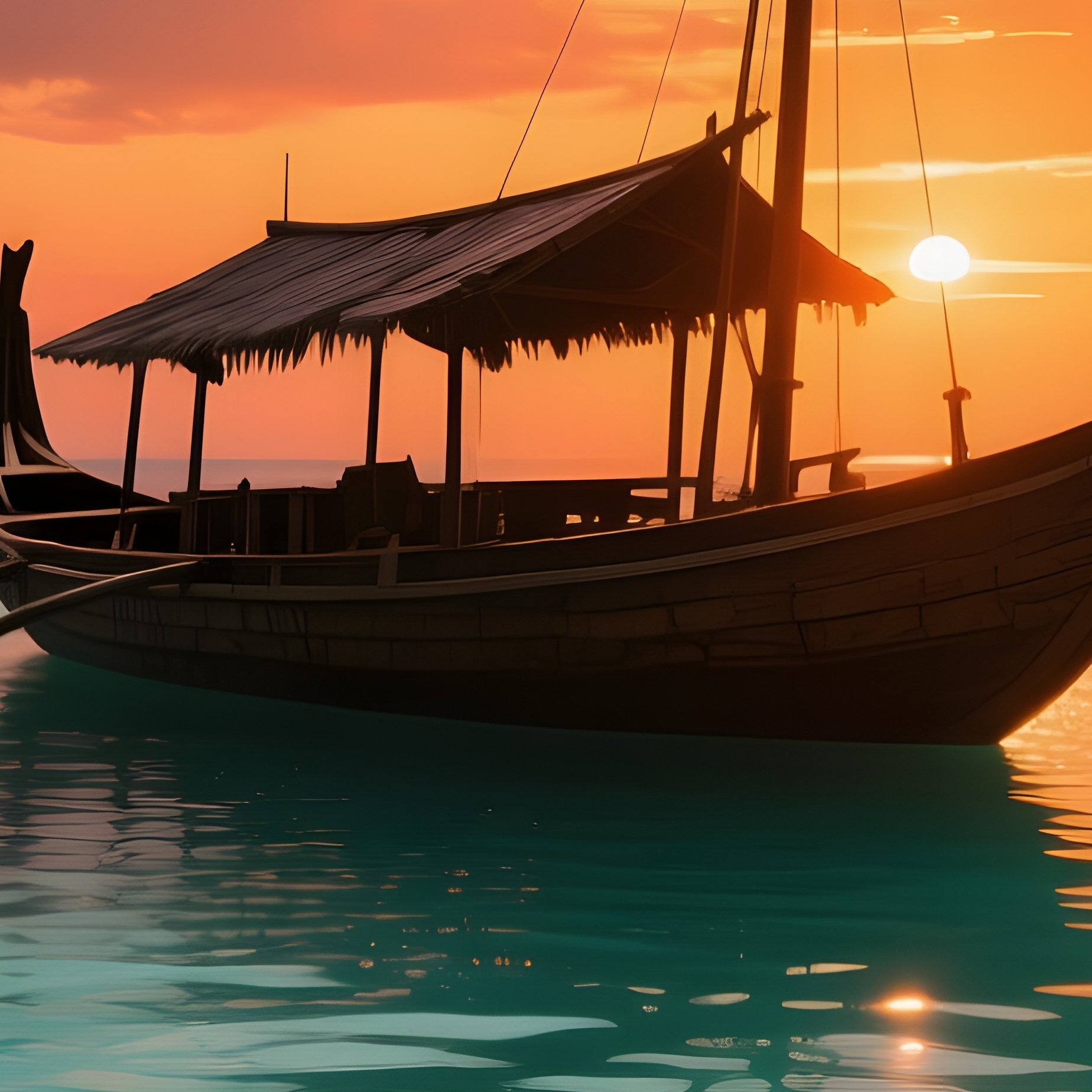 A Serene Tropical Lagoon At Sunset, Turquoise Water Lapping Against A Coral Reef, A Traditional - Full Resolution Quality Preview