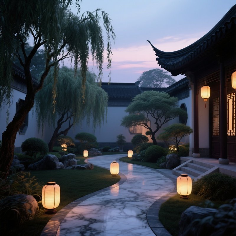 A Serene Twilight In A Chinese Courtyard Garden, Willow Trees Swaying, Lanterns Casting Gentle Glow
