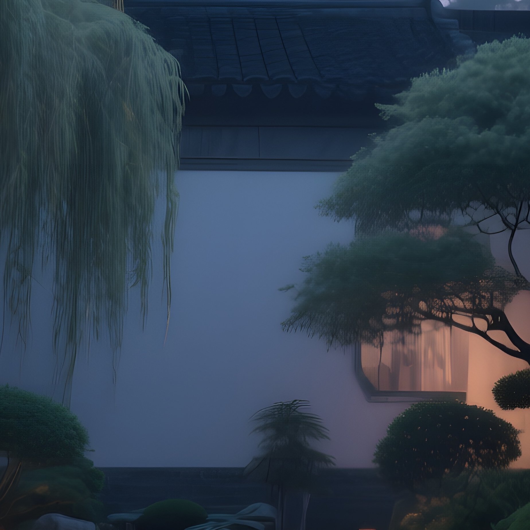 A Serene Twilight In A Chinese Courtyard Garden, Willow Trees Swaying, Lanterns Casting Gentle Glow - Full Resolution Quality Preview