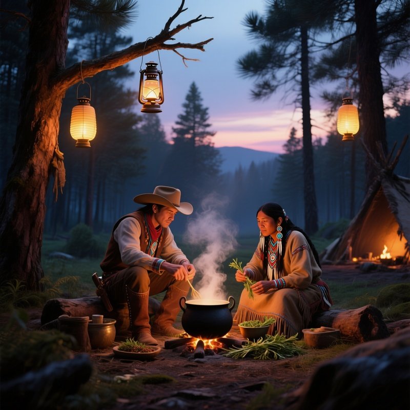 A Serene Twilight In A Pine Forest Clearing, Lanterns Hanging From Branches, A Cowboy And A Lakota