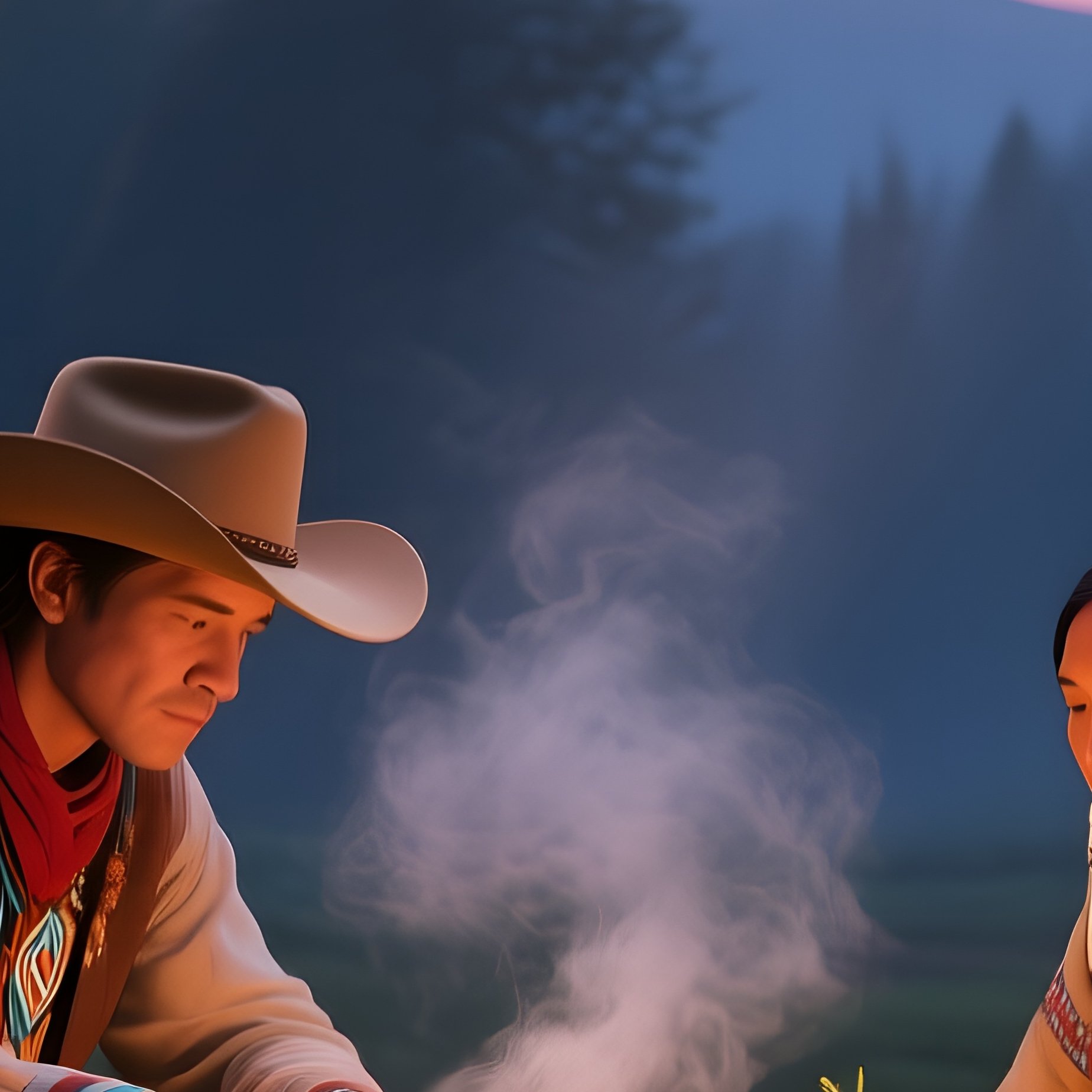 A Serene Twilight In A Pine Forest Clearing, Lanterns Hanging From Branches, A Cowboy And A Lakota - Full Resolution Quality Preview