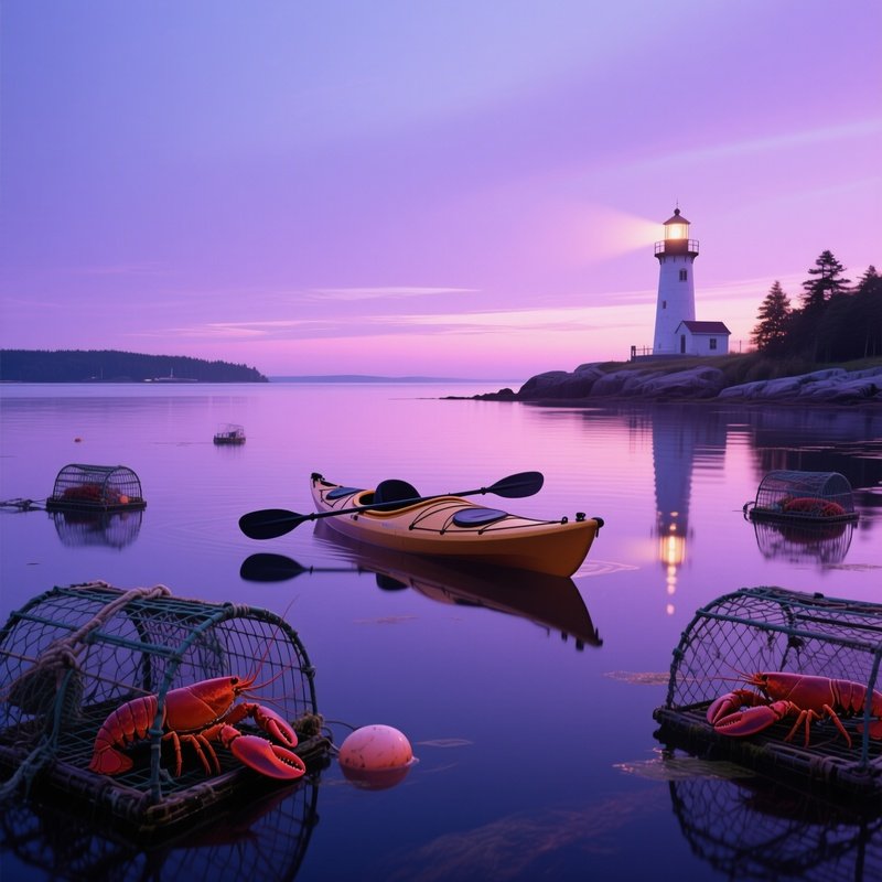 A Serene Twilight Kayak On A Calm Bay In Maine, Lobster Traps Bobbing Nearby, Soft Purple Sky