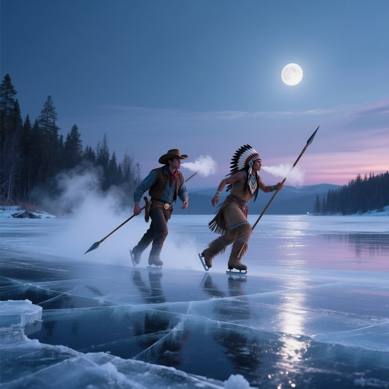 A Serene Twilight On A Lake Frozen Over, Ice Shimmering Under Moonlight, A Cowboy And An Apache