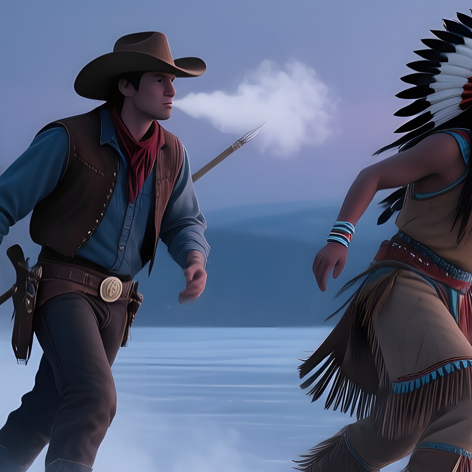 A Serene Twilight On A Lake Frozen Over, Ice Shimmering Under Moonlight, A Cowboy And An Apache - Full Resolution Quality Preview