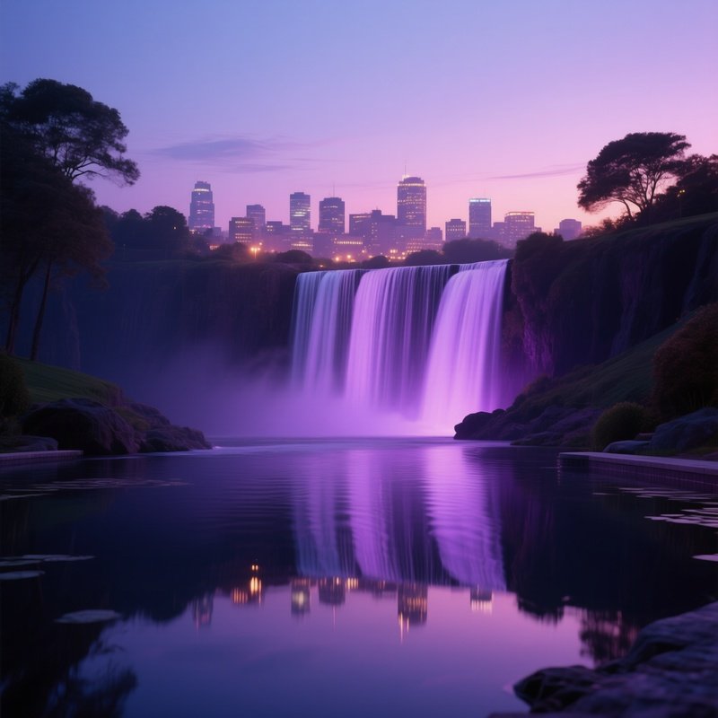 A Serene Twilight Scene Of A Waterfall Reflecting The Soft Purple Glow Of Distant City Lights
