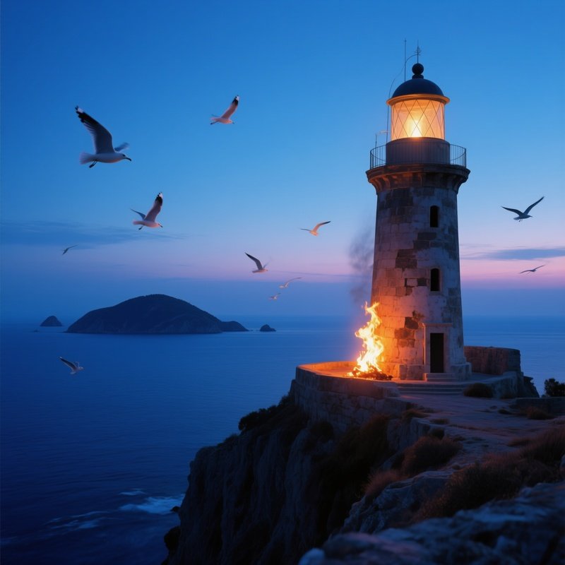 A Serene Twilight Scene Of An Ancient Greek Lighthouse On A Cliff, Its Fire Burning Bright Against