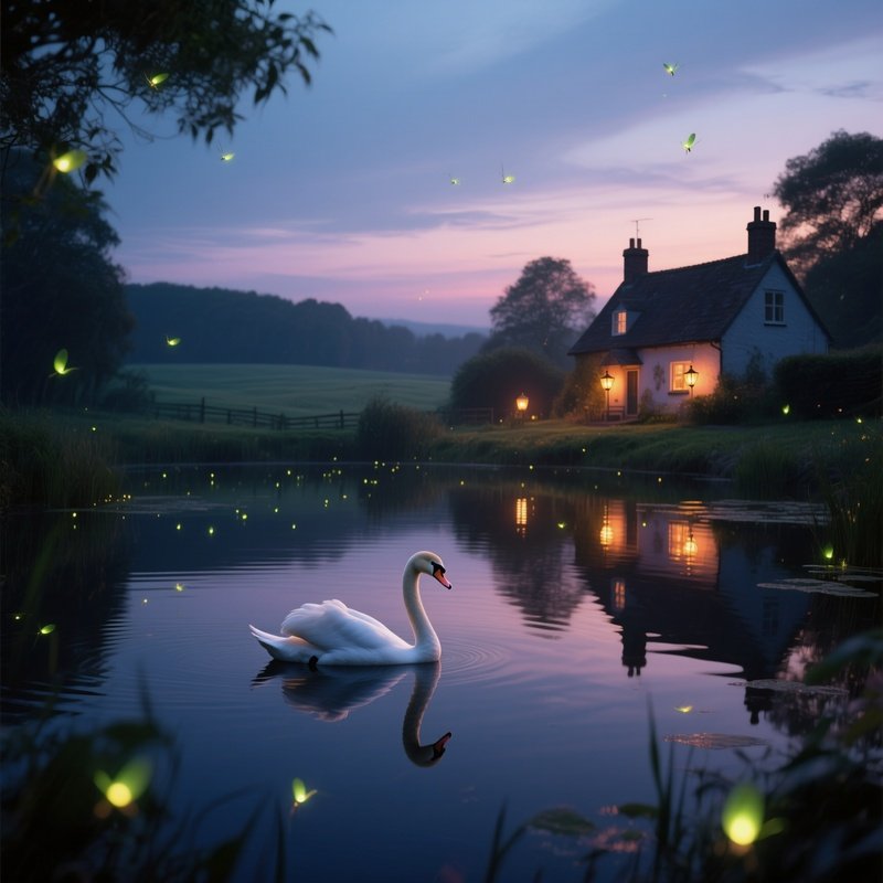 A Serene Twilight Scene On A Quiet Countryside Pond, Fireflies Flickering Above The Surface, A