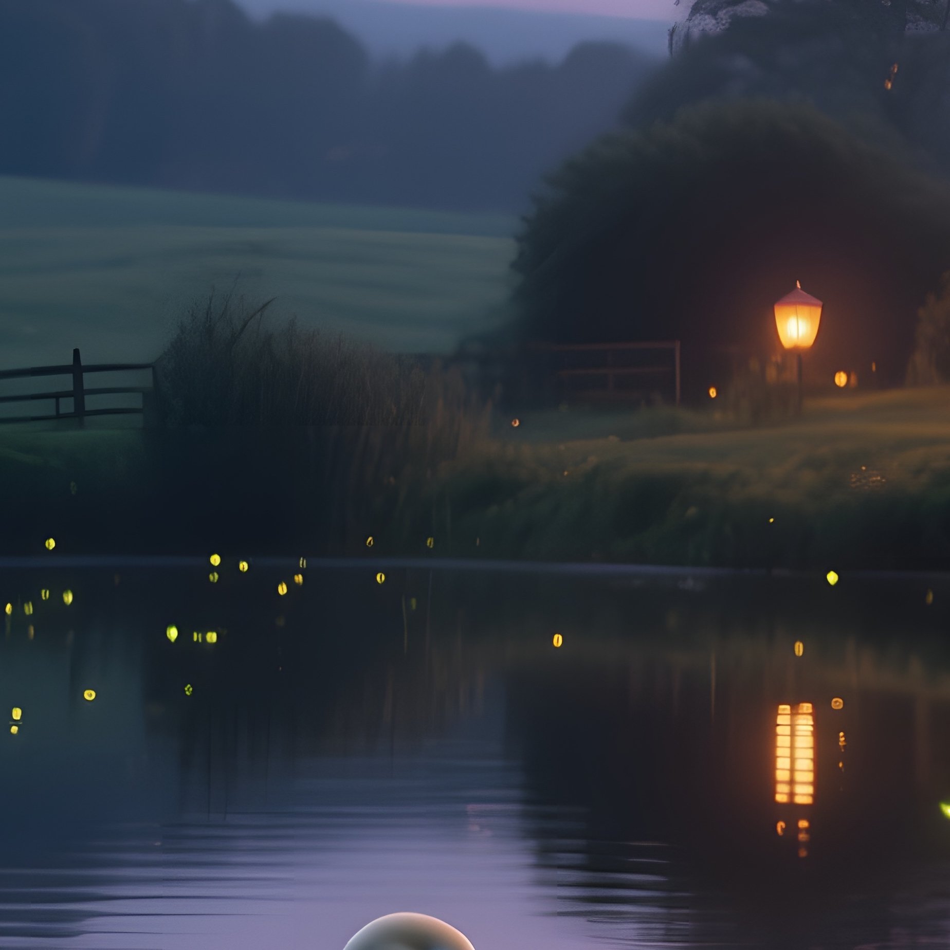 A Serene Twilight Scene On A Quiet Countryside Pond, Fireflies Flickering Above The Surface, A - Full Resolution Quality Preview
