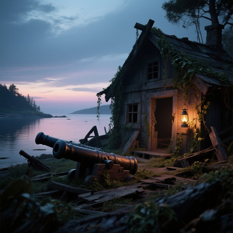 A Serene Twilight Scene On A Quiet Cove Shows An Abandoned Pirate Hideout With Half‑Buried Cannons,