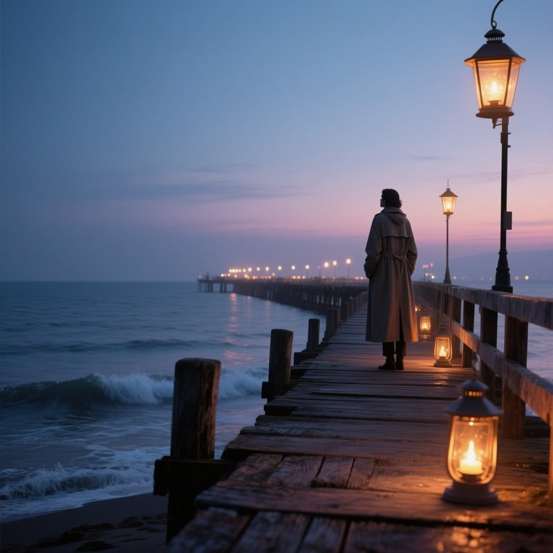 A Serene Twilight Scene On A Quiet Pier, Lanterns Casting Warm Glows On Weathered Wooden Planks,