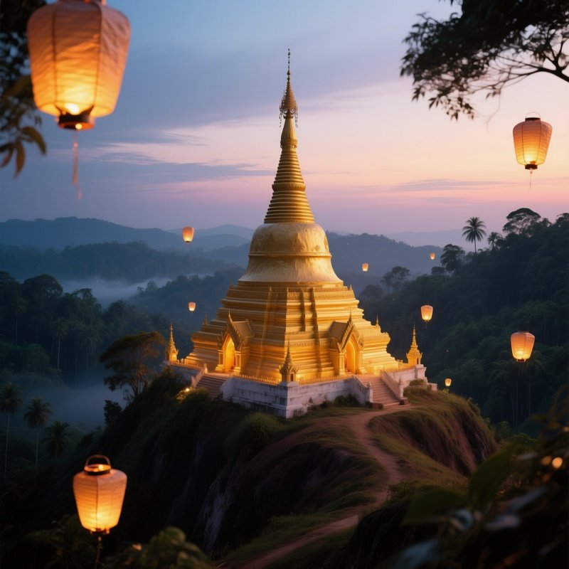 A Serene Twilight View Of A Buddhist Stupa Perched On A Hilltop In Laos, Golden Light Bathing Its