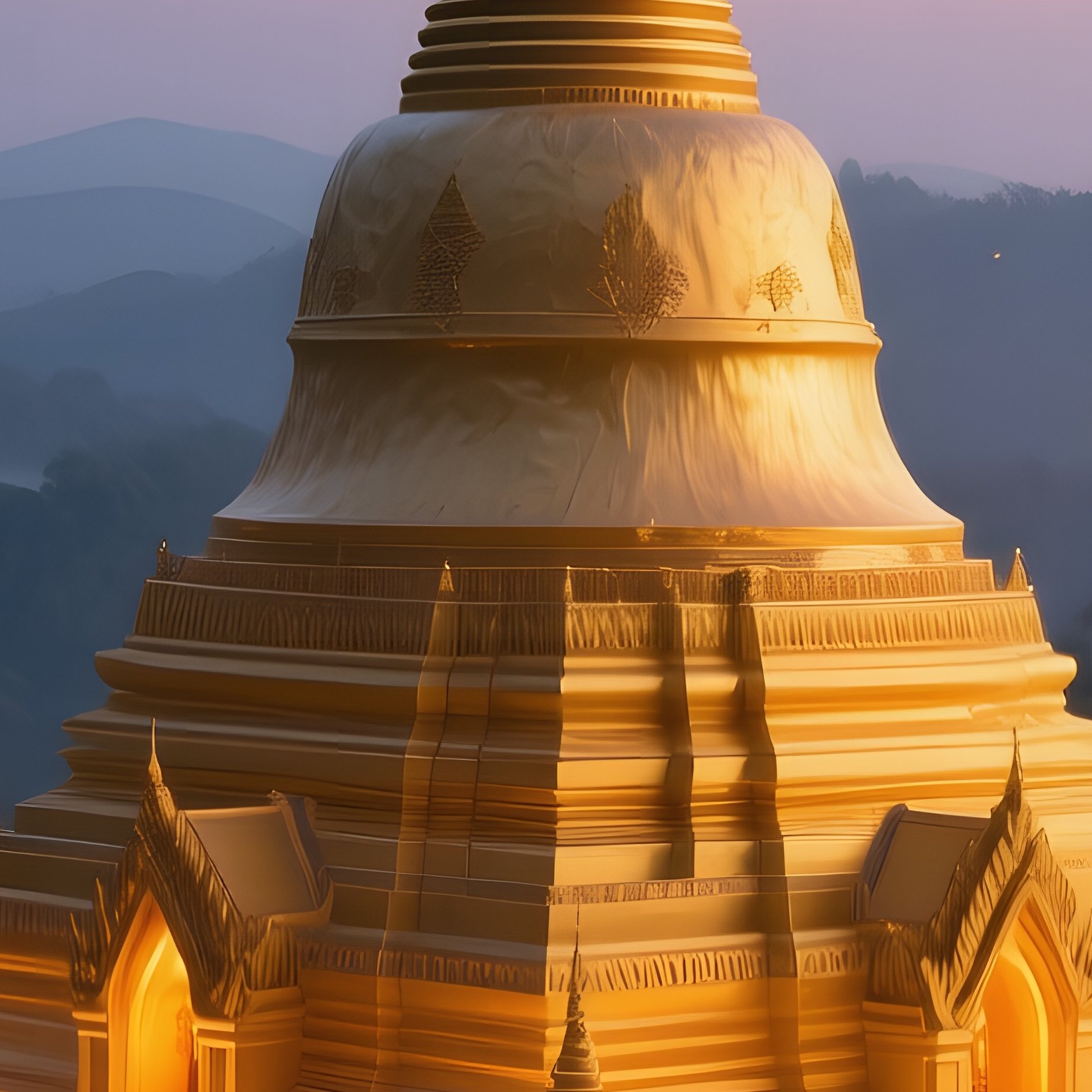 A Serene Twilight View Of A Buddhist Stupa Perched On A Hilltop In Laos, Golden Light Bathing Its - Full Resolution Quality Preview